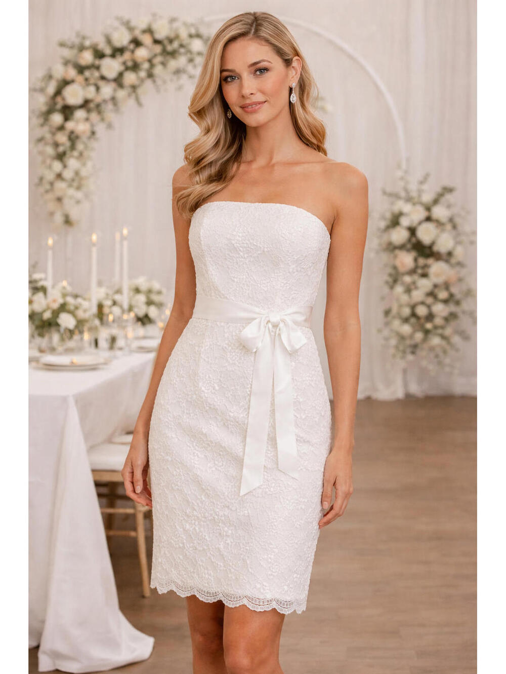 Ivory Strapless Lace Cocktail Dress Satin Sash | Bridal Shower Rehearsal sz 4